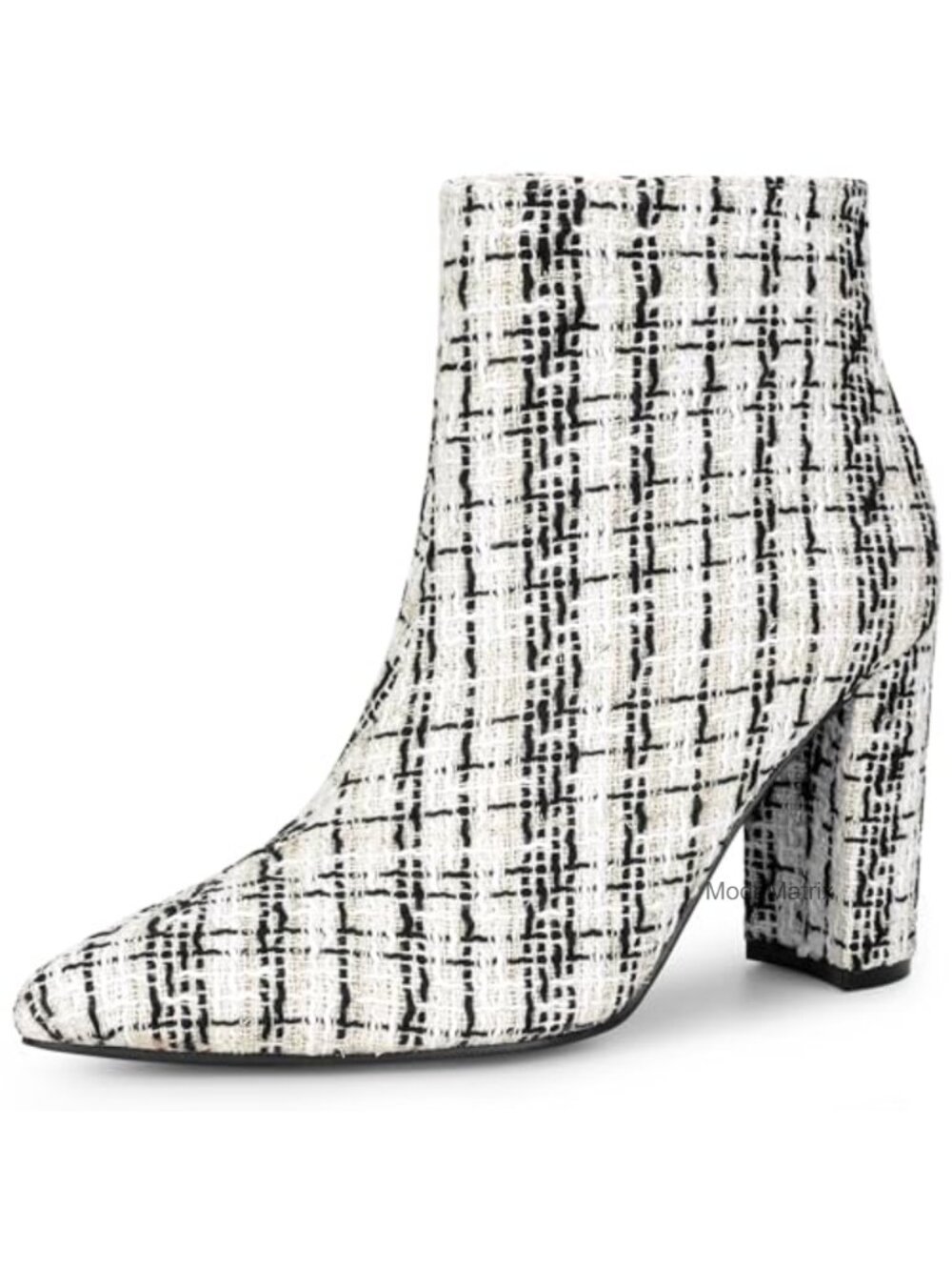 Tweed Ankle Boots Pointy Toe Chunky Heel Plaid Booties for Women